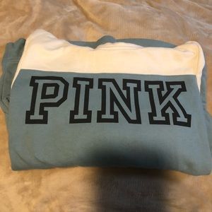 Pink sweatshirt blue gray and white